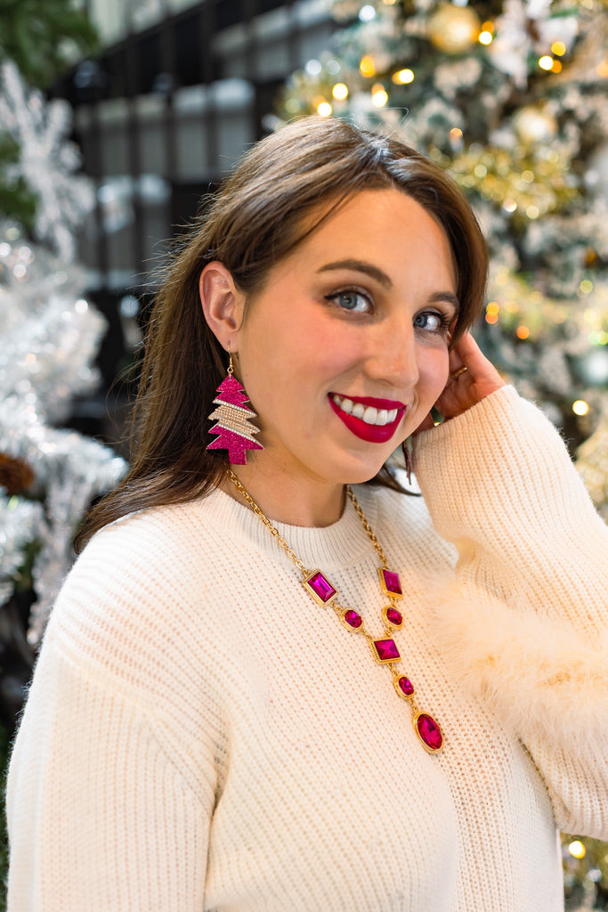 The Most Wonderful Of The Year Fuchsia Glitter Tree Earrings