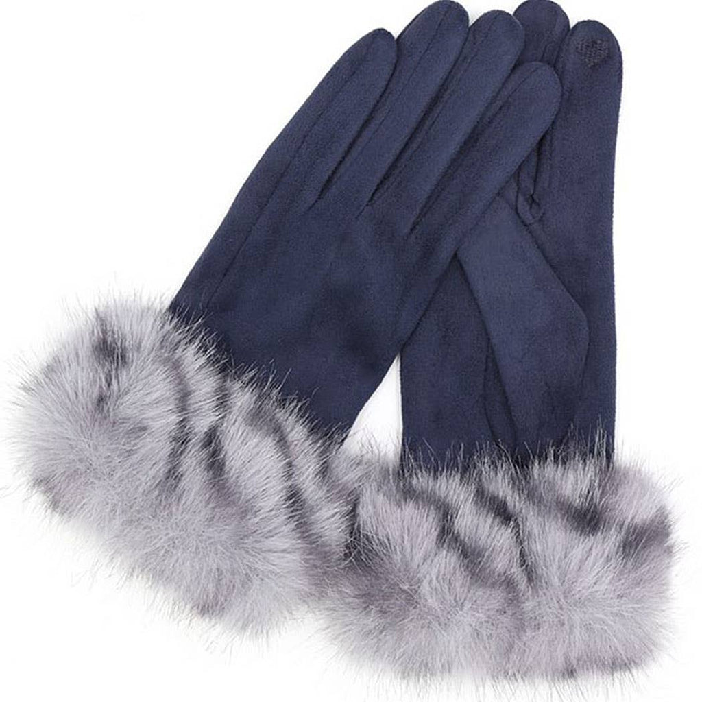 Mixed Color Faux Fur Smart Touch Gloves - Navy