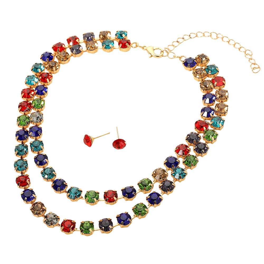 Double Row Sparkle Cluster Necklace - MULTI