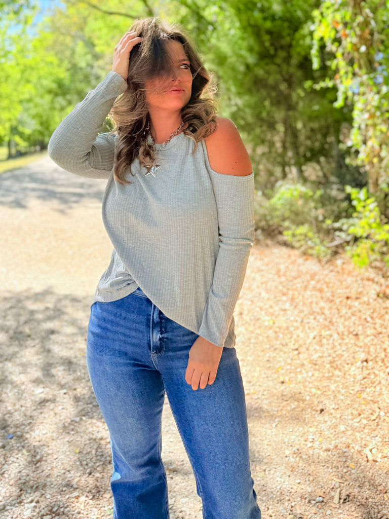 All That You Need Open Shoulder Top - Grey