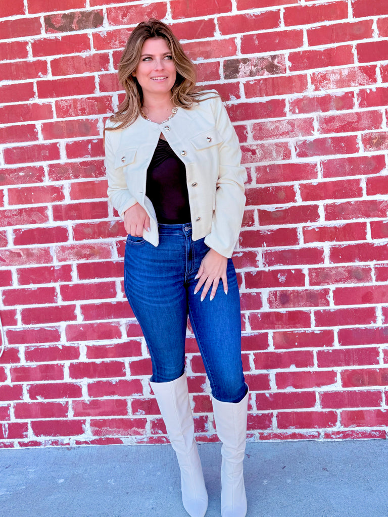 Elizabeth Button Cuffed Sleeve Blazer in Ivory