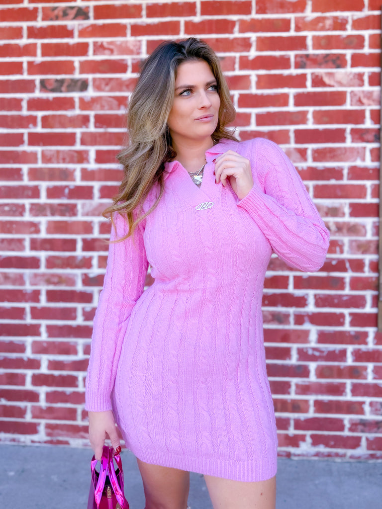 Fair Shot Pink Cableknit Sweater Long Sleeve Dress