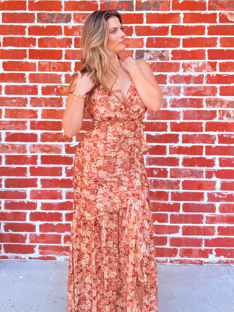 Mauve Mocha Floral Ruffle Side Dress