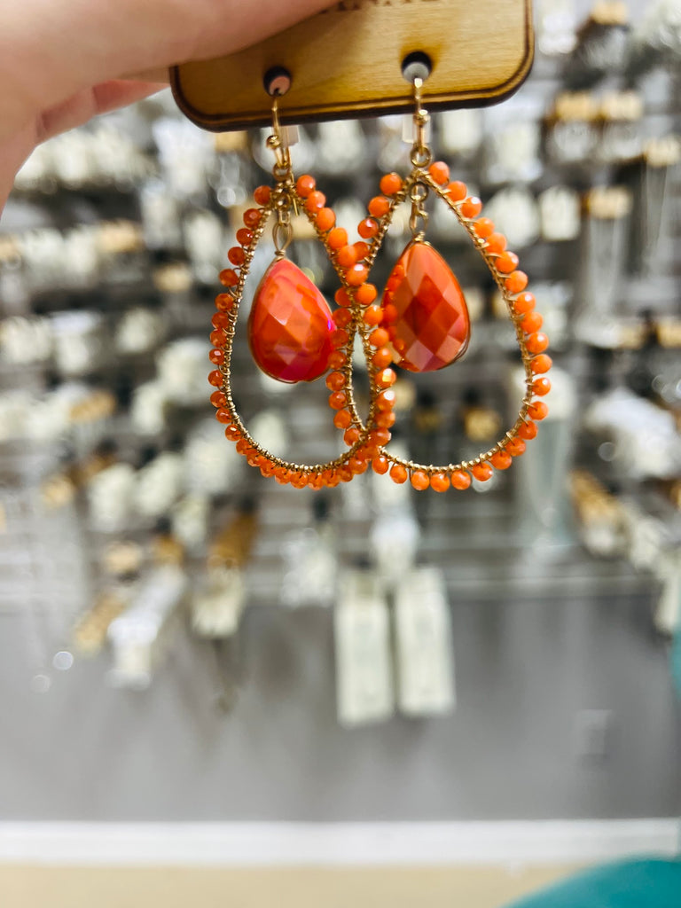 1CNC K058- Orange Teardrop Crystal Earrings