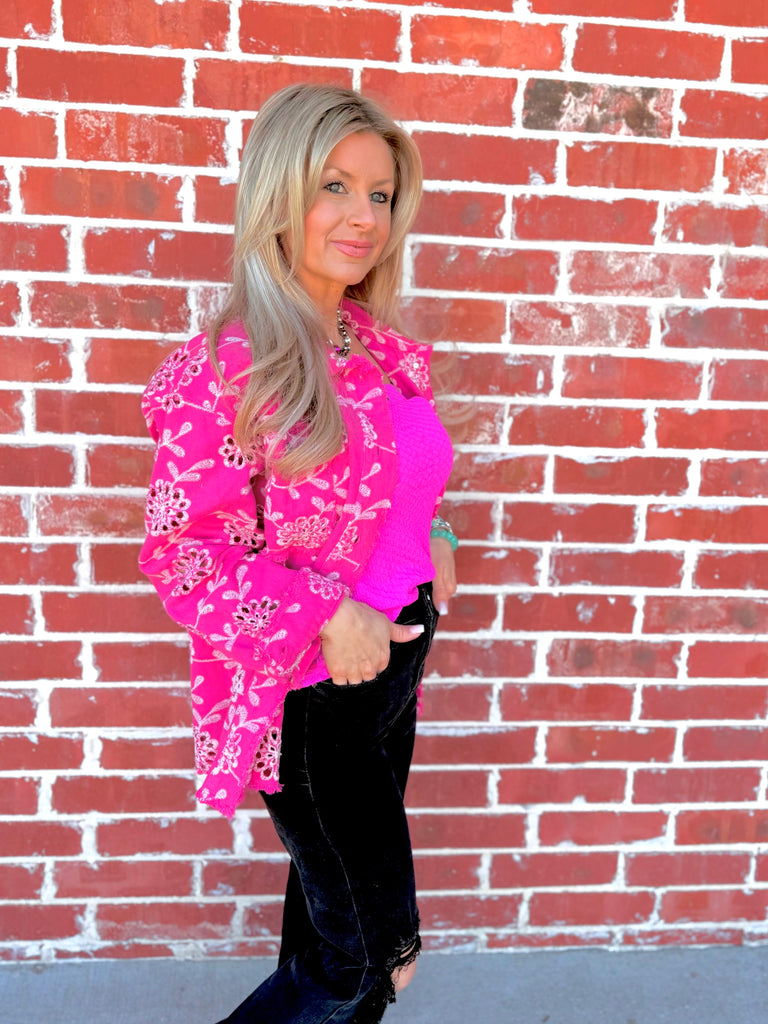 Coastal Floral Eyelet Embroidery Denim Jacket - Hot Pink