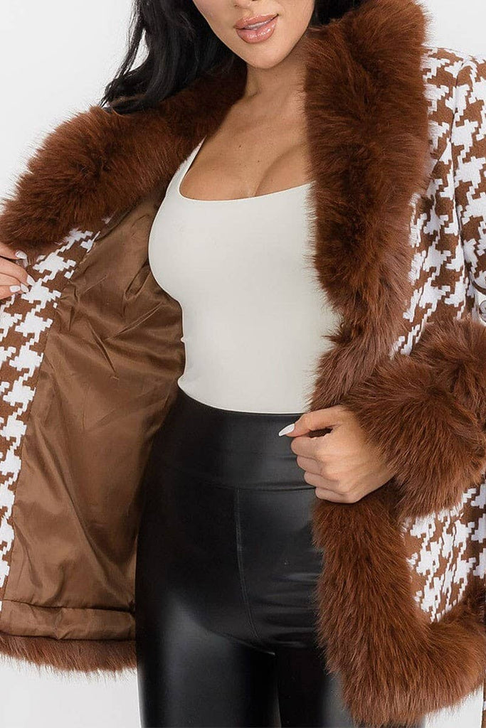 Camel Cloud houndstooth Faux Fur Coat