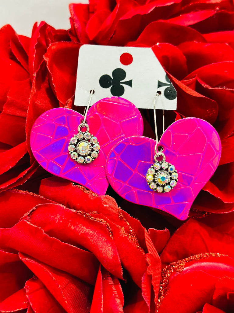 Hot Pink Hologram Hearts Leather Earrings