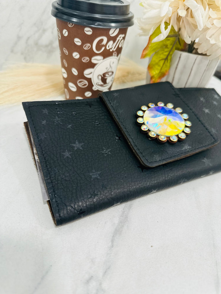 Black Stars Leather Crystal Concho Wallet Clutch