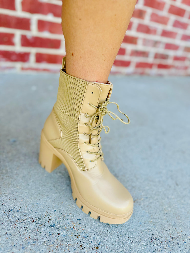 Chunky Sand Lace Up Block Ankle Bootie