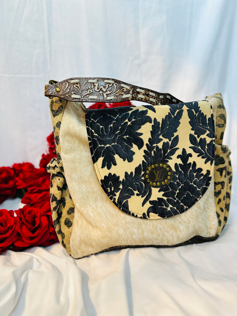 Vintage Floral Hide & Leather Rosie Tote W/Flap