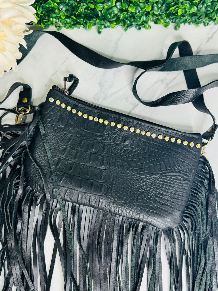 Two Tones Black Leather & Stars Olive Fringed Crossbody