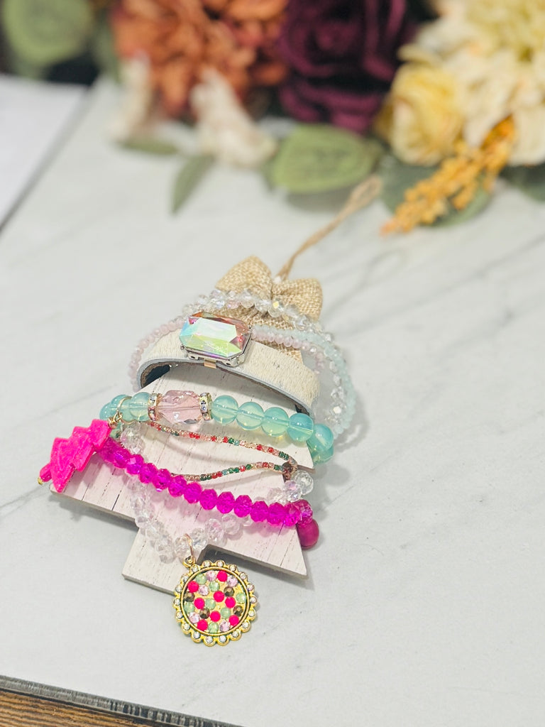 Icee Bling Tree Ornament Bracelet Stack - Watermelon