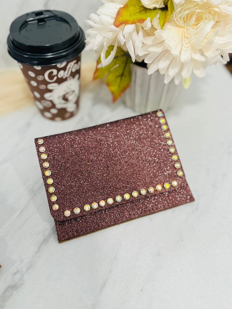 Brown Umber Glitter Flora Wallet With Crystal Rivets