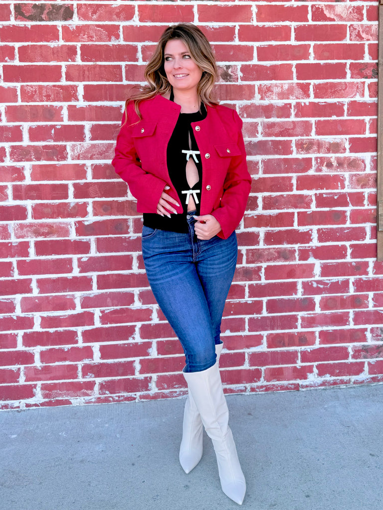 Elizabeth Button Cuffed Sleeve Blazer in Red