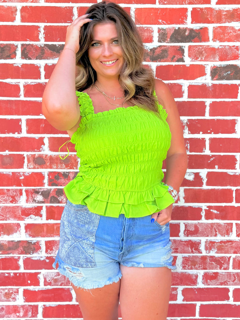 Neon Green Smocked Ruffle Tank