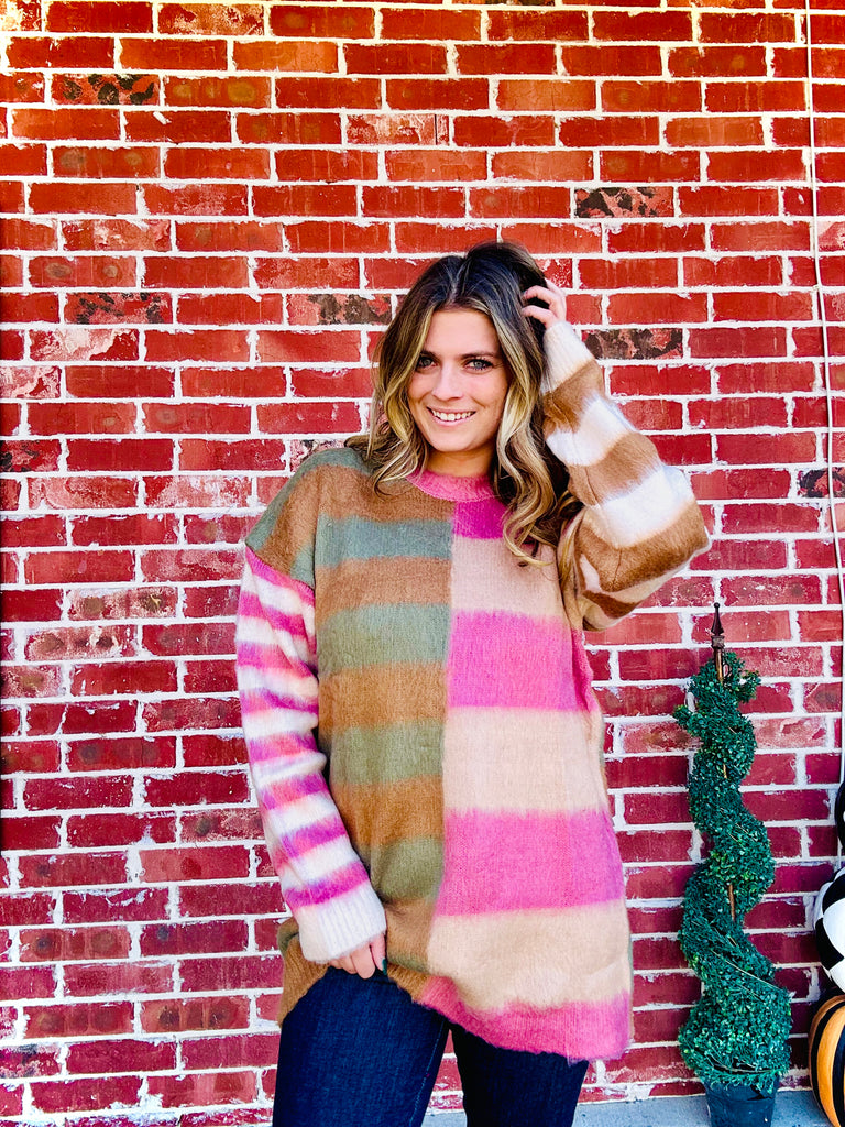 Cozy Mocha Stripe Oversized Fuzzy Knit Sweater