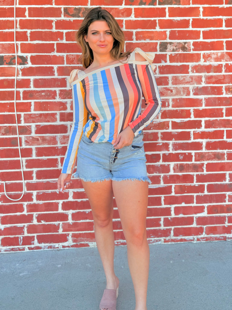 Pastel Multi Stripe Cold Shoulder Top