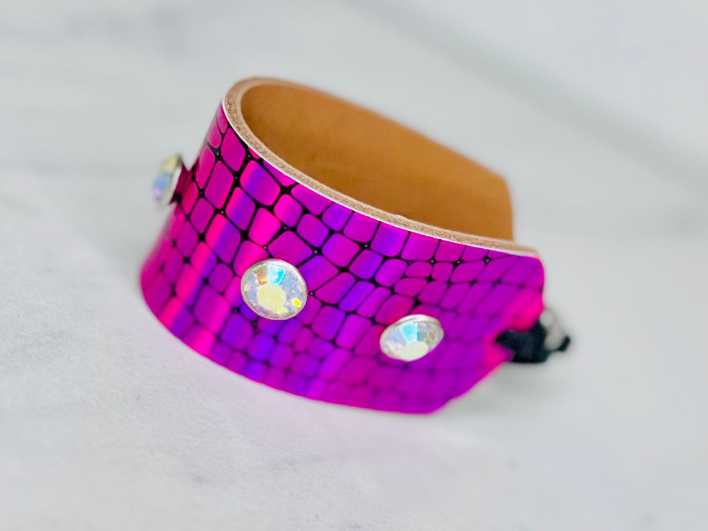 Large- Magenta Crossed Studded Leather Cinch Cuff