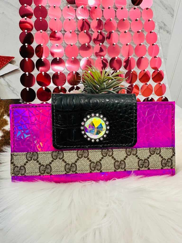 Pink Neon Pop Shimmer Leather Wallet