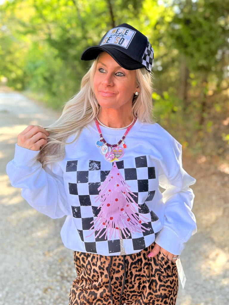 Checked Out in Pink Christmas Graphic Pullover