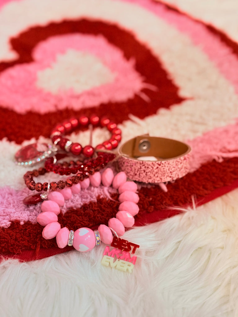 Pink and Red Loving Leather Cuff and Charm Bracelet Set