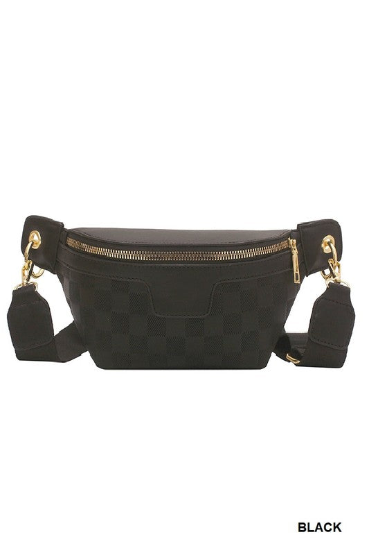 Checkered Leather Sling Bag with Adjustable Strap in Black