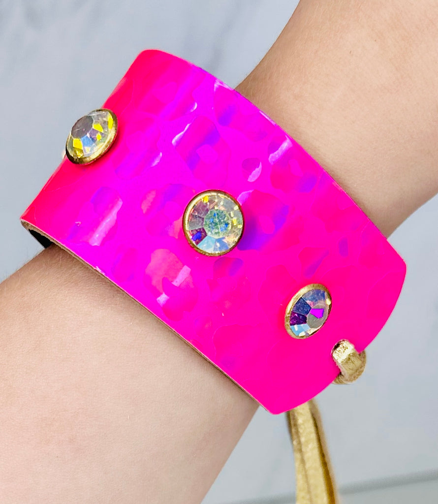 Large- Bright Pink Leo Studded Leather Cinch Cuff