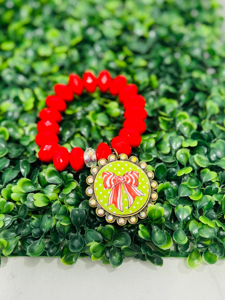 Red Rhinestone Ribbon Beaded Bracelet