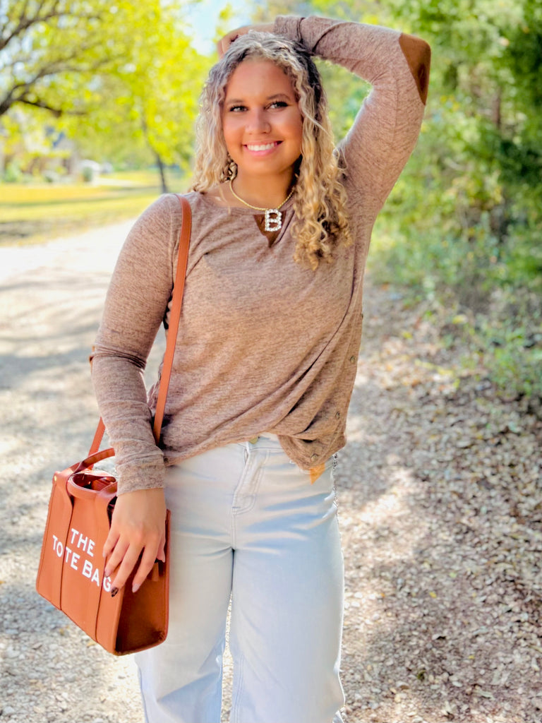 It's That Simple Elbow Patch Button Top - Mocha