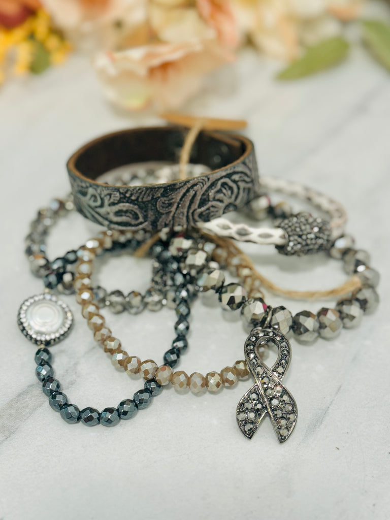 Smutt Chrome Paisley Leather & Beaded Bracelet Set