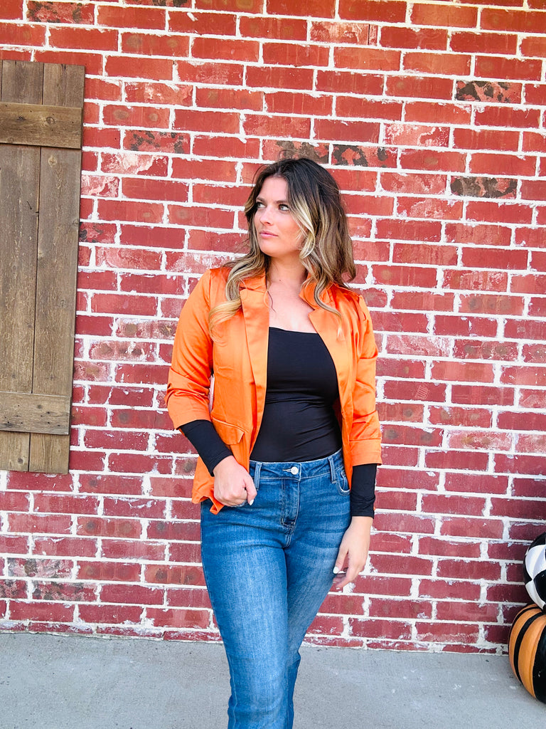 Solid Staple Pleat Sleeve Blazer - Burnt Pumpkin