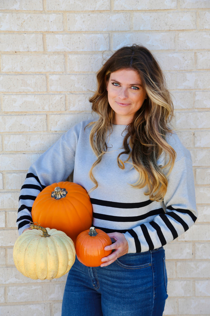 Heathered Grey & Black Striped Viscose Sweater Top