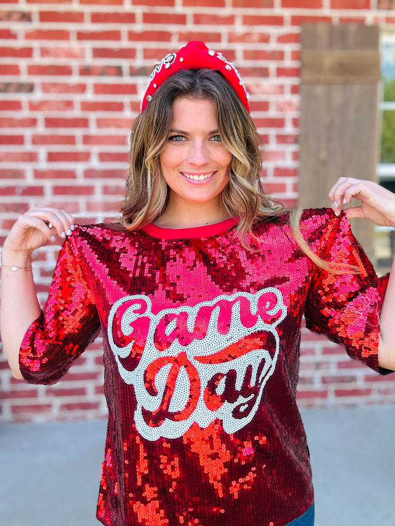 Red Sequin Game Day Jersey Top