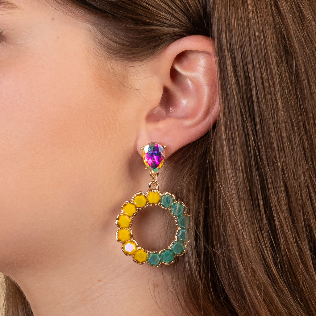 Turquoise & Yellow Western Halo Crystal Earrings