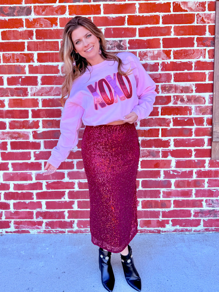 Shimmy Pinks XOXO Sequin Patch Graphic Crewneck Pullover