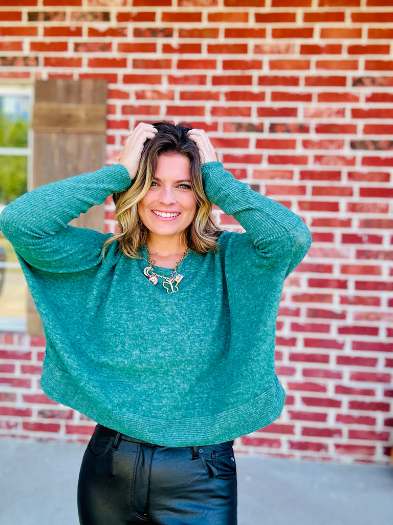 Dark Green Hacci Dolman Sleeve Sweater