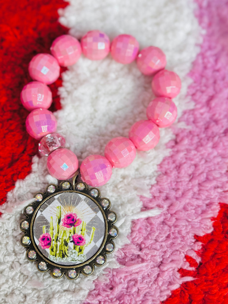 Disco Pink Shimmer Cactus Graphic Embellished Bracelet