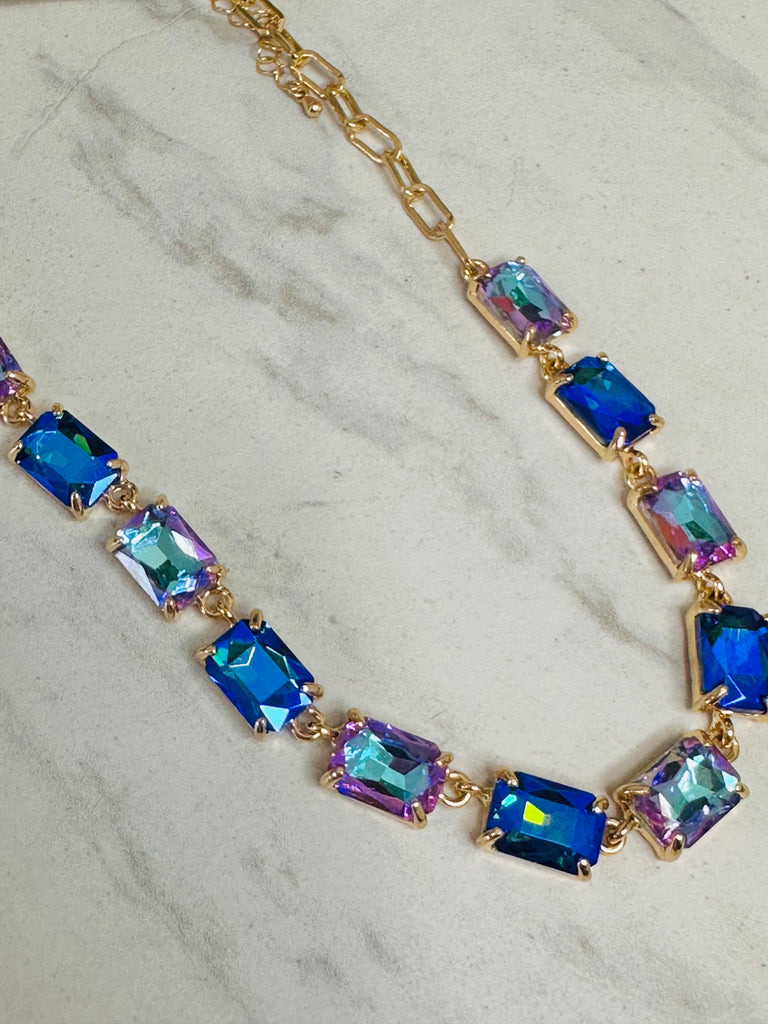 Aurora Blues Rectangle Crystal Necklace