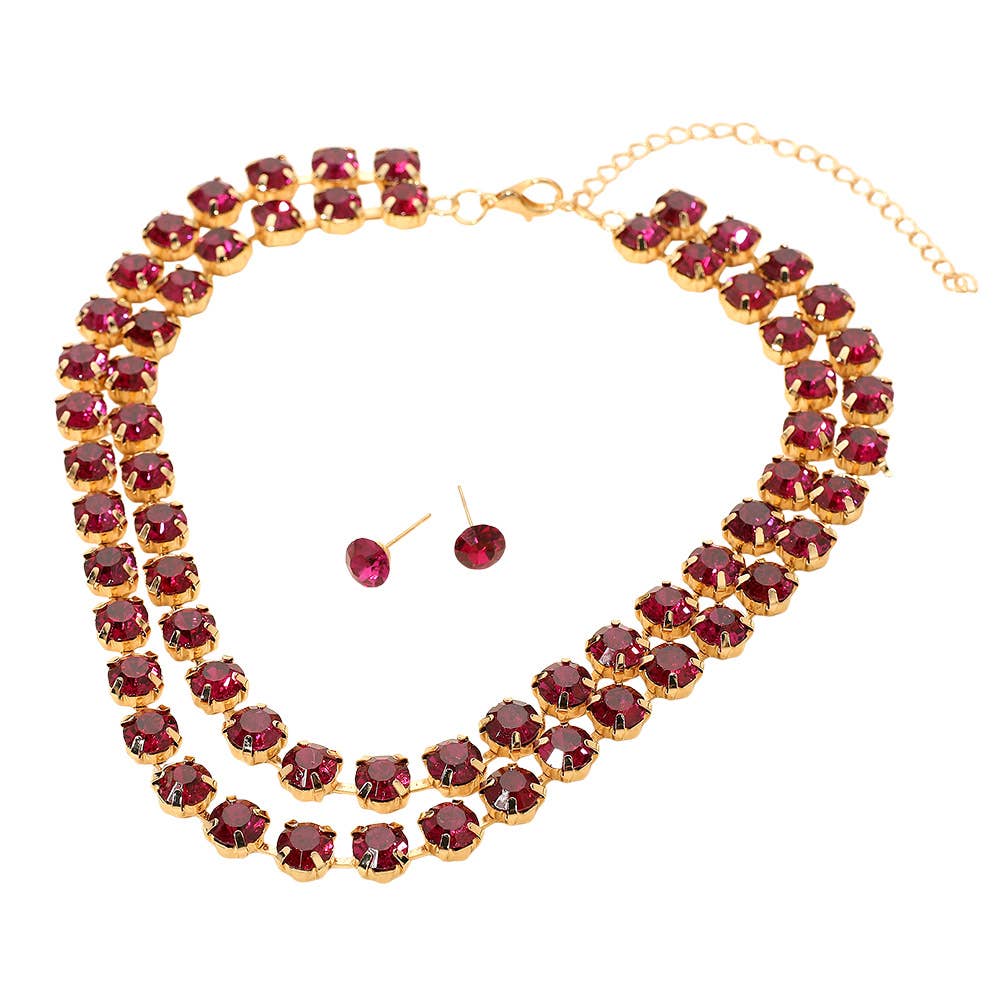 Double Row Sparkle Cluster Necklace - FUCHSIA