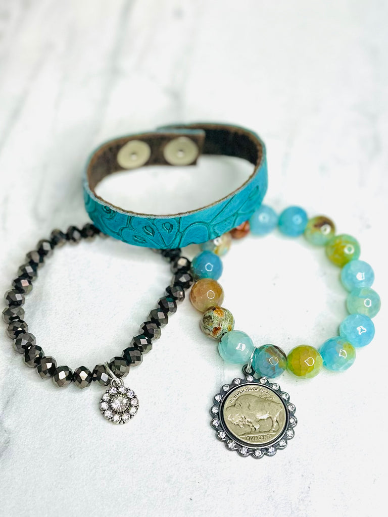 Teal Tooled Vintage Gold Coin Bracelet Set