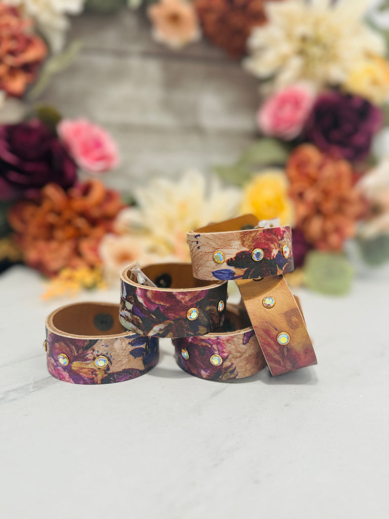 Muted Falling Florals Leather Snap Cuff