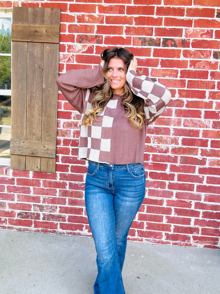 Mocha & Ivory Checkmate Color Chop Sweater