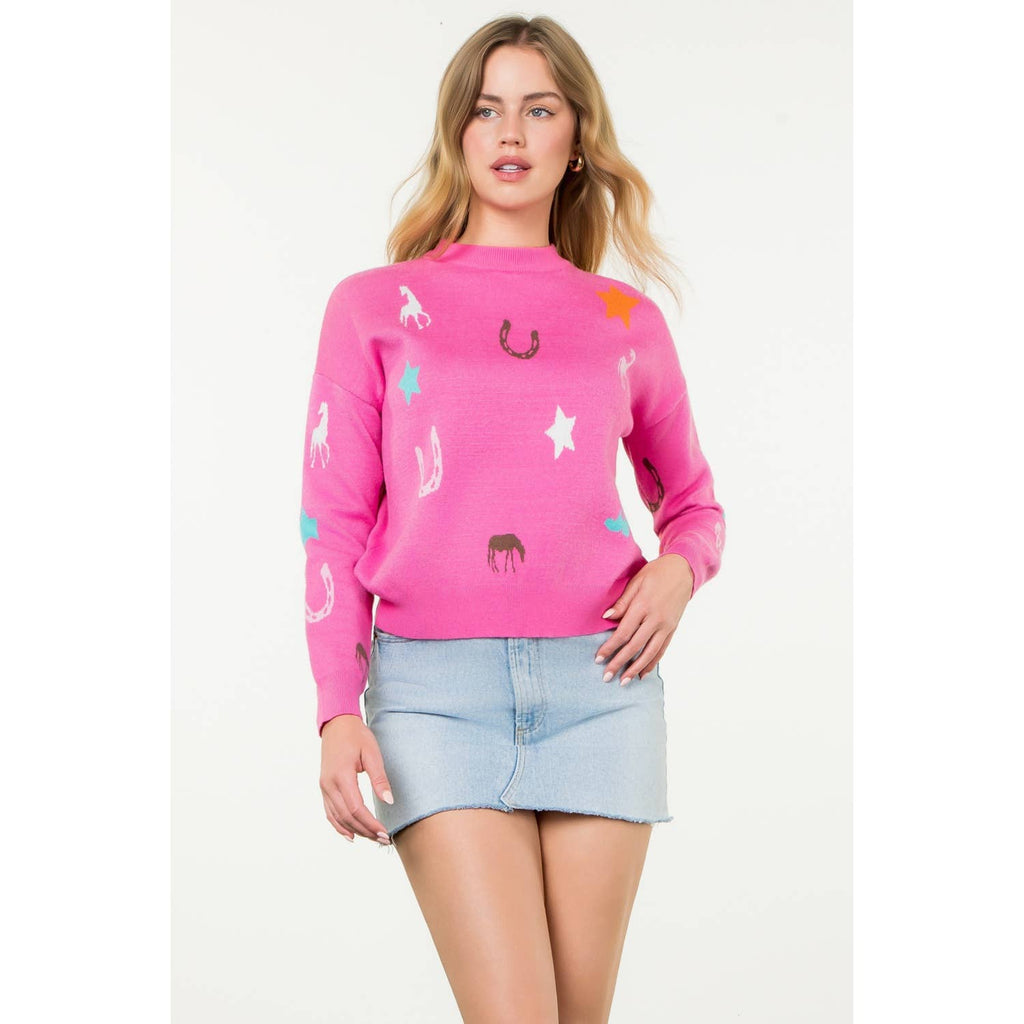 Pink Western Era Motif Long Sleeve Knit Sweater