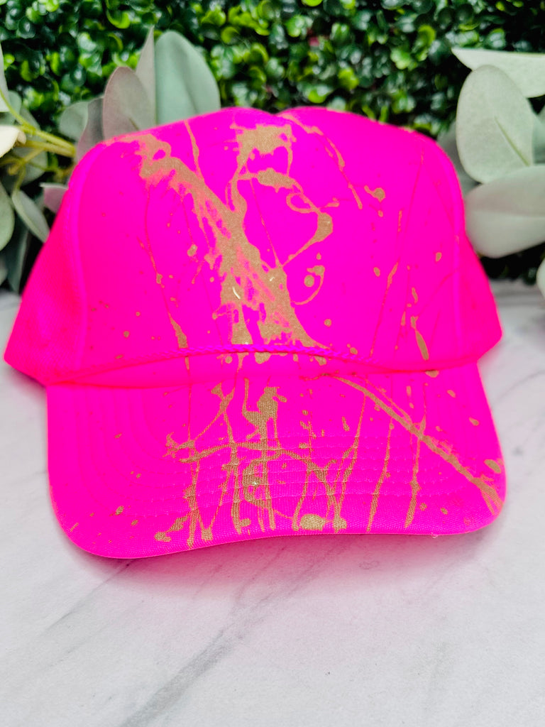 Neon Pink & Gold Summer Splatter Mesh Trucker Hat