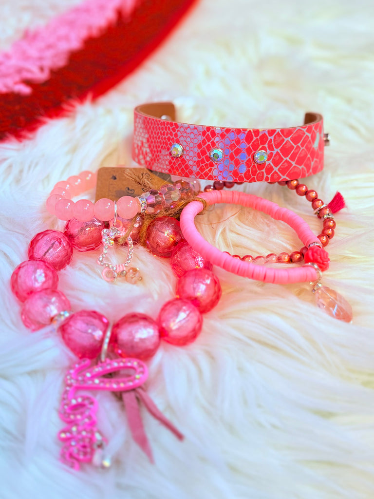 Pink Love Leather Cuff and Charm Bracelet Set