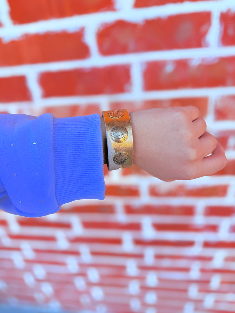 Vintage Coin Studded Hide and Leather Cuff - Gold