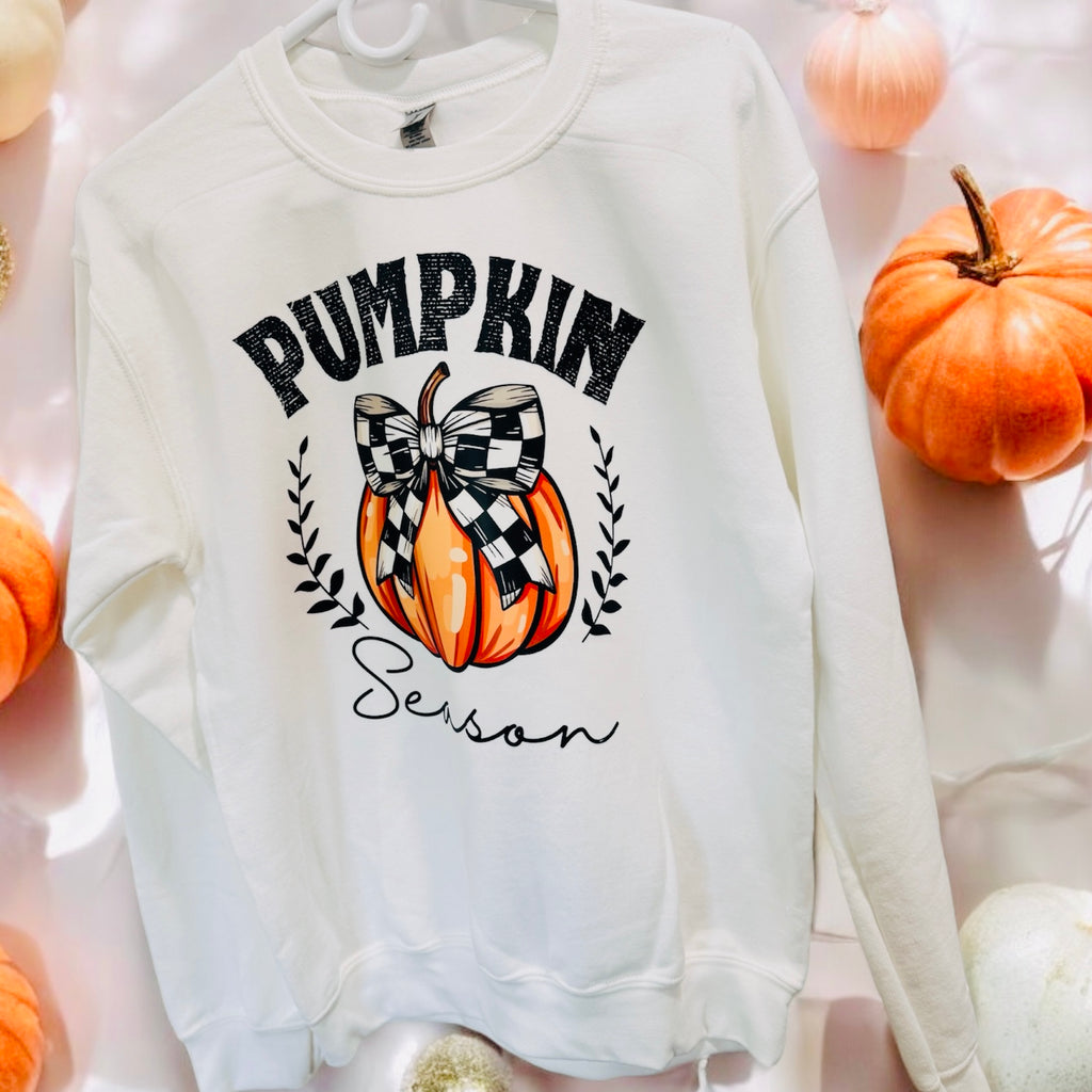 Checkered Pumpkin Bow Fall Season Graphic Pullover