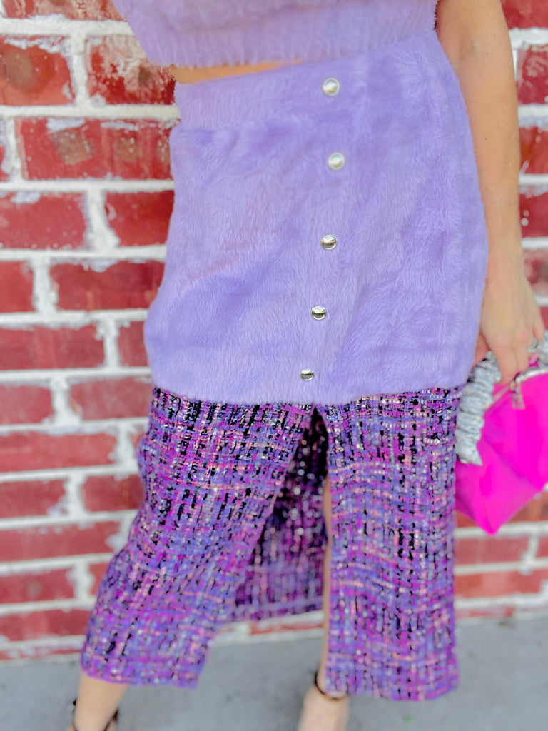 She's Lovely Lavender Tweed Sparkle Skirt Sweater set