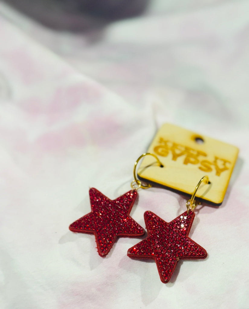 Red Mini Crystal Covered Glitter Star Earrings