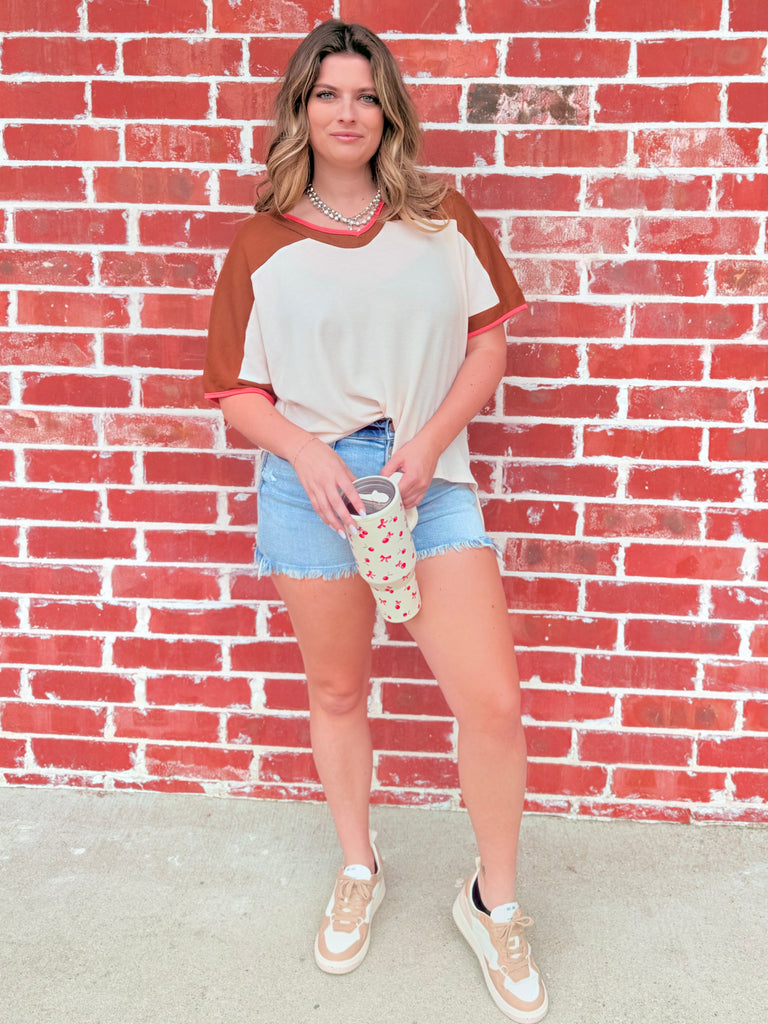 Effortless Sundays Causal Color Block Top - Ivory and Brown